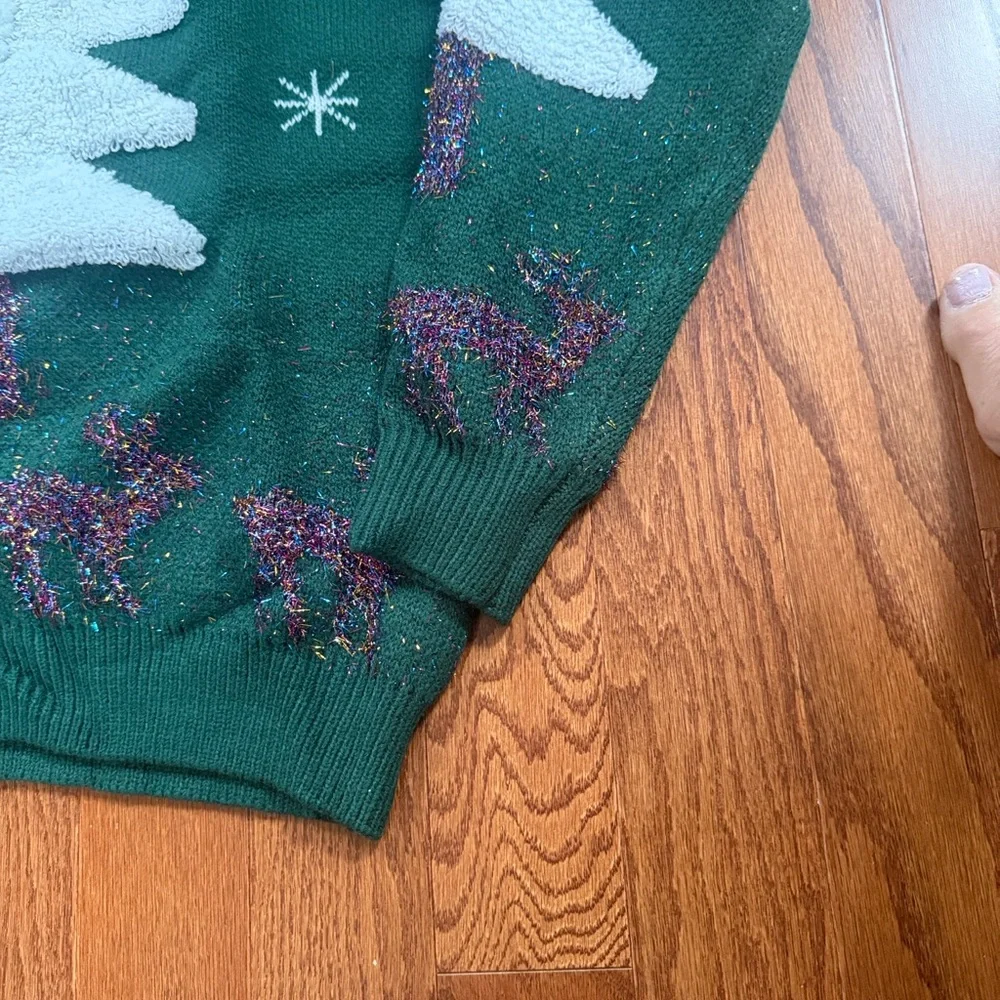 Christmas Tree Reindeer Sweater Green Sparkling Winter Scene Holiday Knit_8